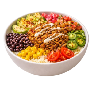 bowl full of fresh, flavorful ingredients layered over a base of warm rice