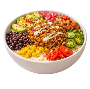 bowl full of fresh, flavorful ingredients layered over a base of warm rice