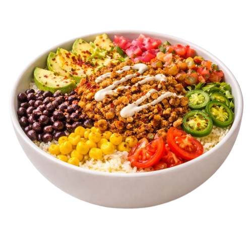 bowl full of fresh, flavorful ingredients layered over a base of warm rice
