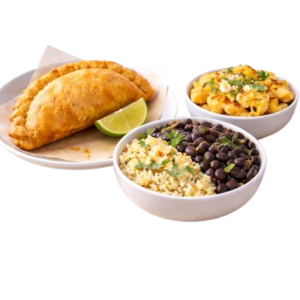 combo of one empanadas with rice and bean or plantains